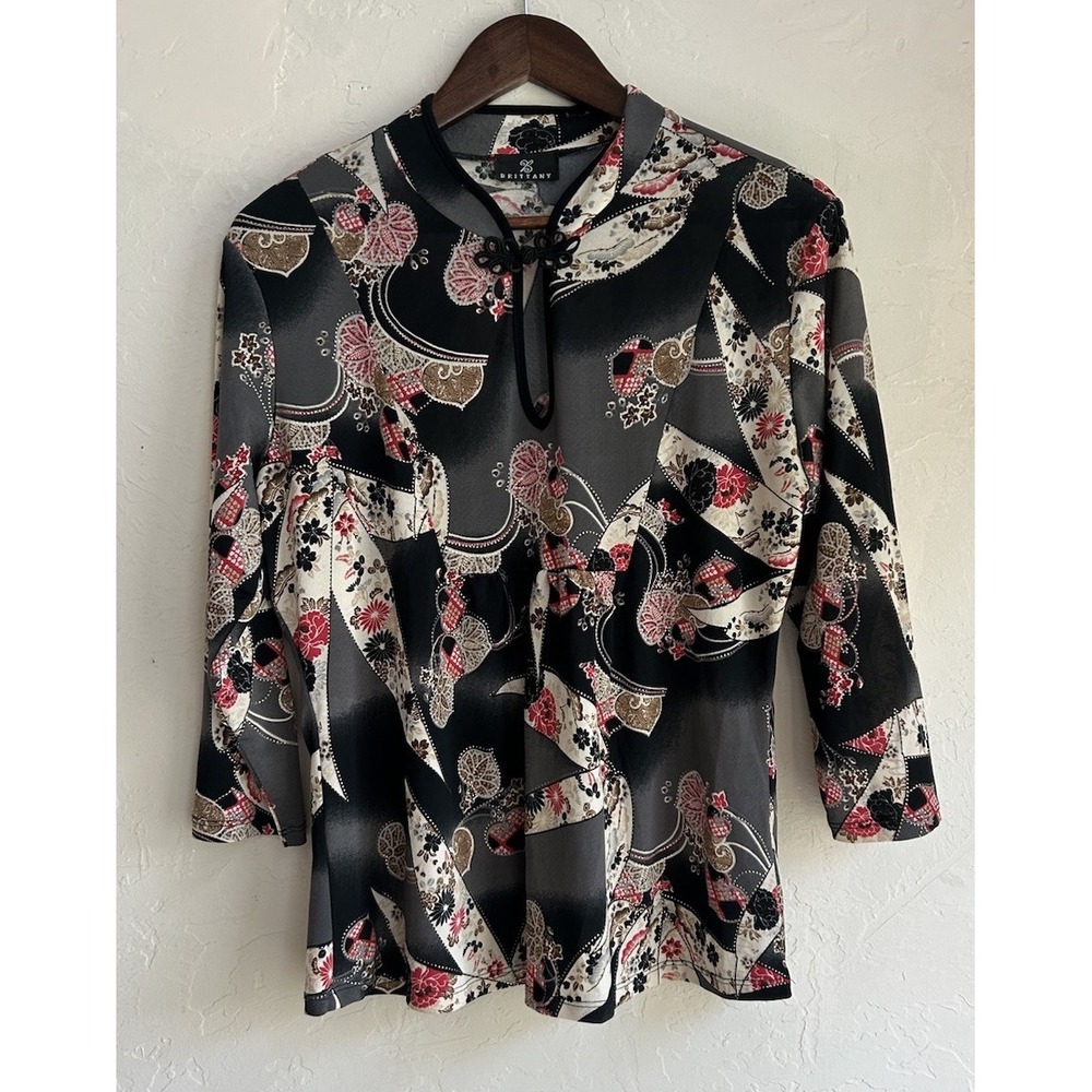 Vintage 90s Y2K Brittany Fairy Grunge Mandarin Collar Top 1X Asian Floral